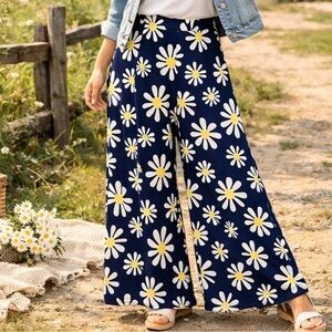 Cato Navy Floral Daisy Flower Power Super Wide Leg Palazzo Pants Large Spring